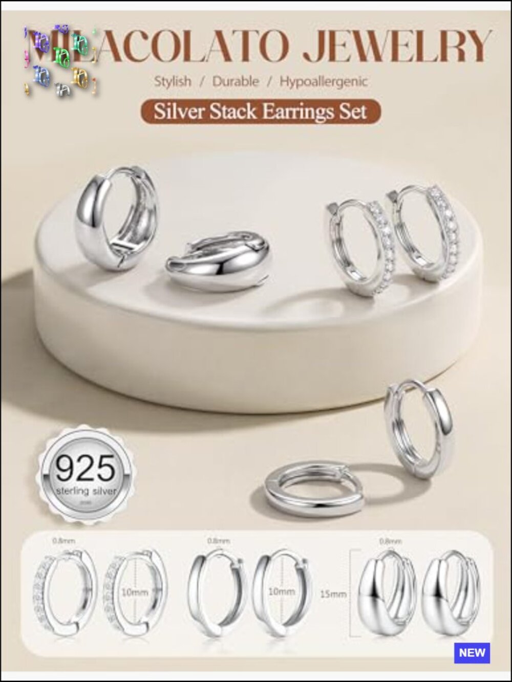 Sterling Silver Huggie Hoop Earrings Set for Multiple Piercing Hypoallergenic - Picture 2 of 7